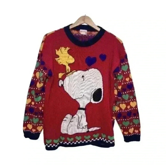 snoopy Sweaters - Vintage Snoopy & Friends Holiday Heart Acrylic Sweater Womens Size M